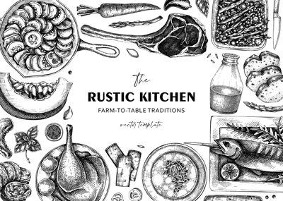 Farmhouse food background. Hand drawn vector illustrations. Rustic kitchen sketch. Family dinner frame design. NOT AI generated.
